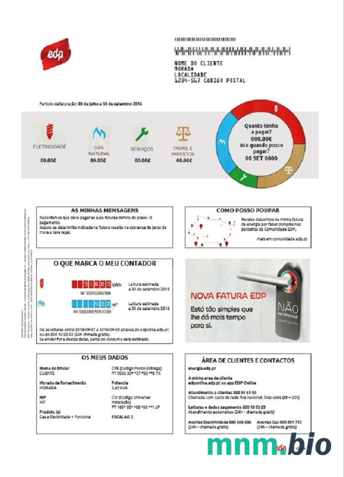 Portugalia EDP rachunek za media szablon w formacie Word i PDF, dobre dla adresu udowodnić